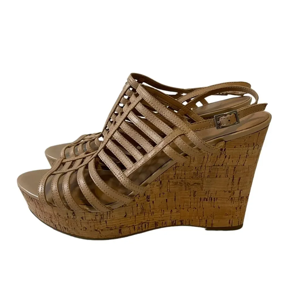 Franco Sarto Sombre Beige Leather Wedge Sandal Size 10